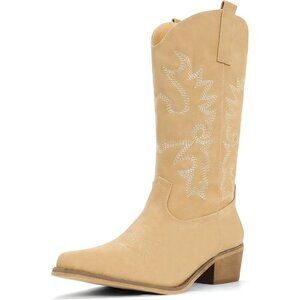 Women Tan Manmade Material Mid Calf Embroidered Low Heel Pointed Toe Boots